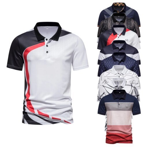 Buy 10 Styles! Summer Men's Fashion Casual Polo Shirt Printed Color Block Stripe Short Sleeve Lapel T-shirt Thin Soft Men Clothing online shopping cheap