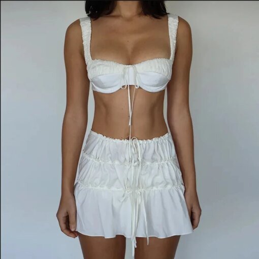 Buy 2 Piece Set Women Ruffles Tunnel Mini Skirt Front Tie Up Bralette Crop Tops + A-line Skirt French Y2K Vintage Backless Vest online shopping cheap