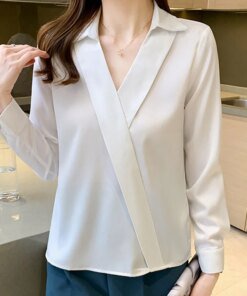 Buy 2021 Autumn Korean Fashion Women Clothing V-neck Loose White Chiffon Shirt Women's Long Sleeve Tops and Blouse Women Black 1234 online shopping cheap