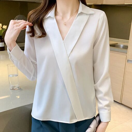 Buy 2021 Autumn Korean Fashion Women Clothing V-neck Loose White Chiffon Shirt Women's Long Sleeve Tops and Blouse Women Black 1234 online shopping cheap