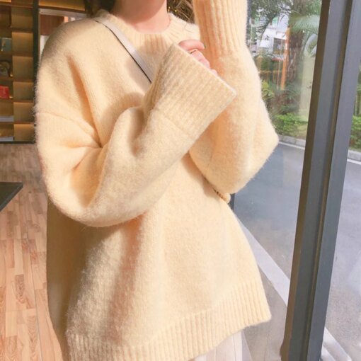 Buy 2021 Fall Winter Women Sweater Pullovers Oversized Knitted Elegant Ladies Jumpers Long Sleeve Yellow Sweater Female Knitted Top online shopping cheap