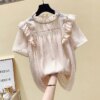 Buy 2021 New Women Ruffled Neck Casual Short Sleeve Chiffon Apricot Blouse Fashion Ladies Summer Office Wear Korean Shirts X05 online shopping cheap