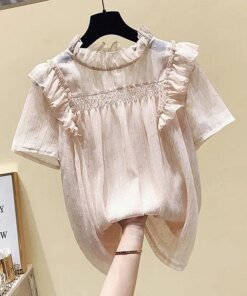 2021 New Women Ruffled Neck Casual Short Sleeve Chiffon Apricot Blouse Fashion Ladies Summer Office Wear Korean Shirts X05