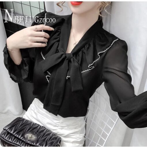 Buy 2021 Spring New Chiffon Women Blouse Long Sleeve Bowknot Female Blouses online shopping cheap