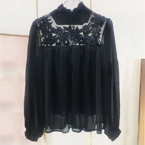 Buy 2022 Autumn Fance Style Women's High Quality Flower Embroidered Beading Chiffon Shirt Blouses C506 online shopping cheap