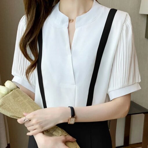 Buy 2022 New Chiffon Spliced Pullover Short Sleeve Shirt Free Shipping Items Clothes for Women V-Neck White Tops Blusas Female 1609 online shopping cheap