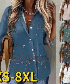 2022 New Simple Style Shirt Autumn Winter Women Sexy V-neck Butterfly Print Button Long Sleeve Retro Casual Loose Size Shirt