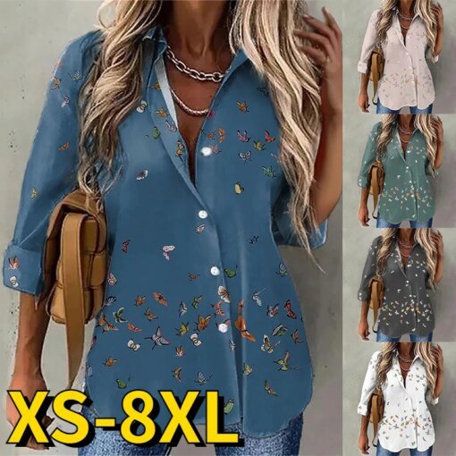 Buy 2022 New Simple Style Shirt Autumn Winter Women Sexy V-neck Butterfly Print Button Long Sleeve Retro Casual Loose Size Shirt online shopping cheap
