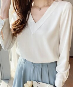 2022 Women’s Blouse V-Neck White Long Sleeve Simple and Elegant Shirts Femme Clothing Green Spliced Chiffon Pullover Blusas 1634