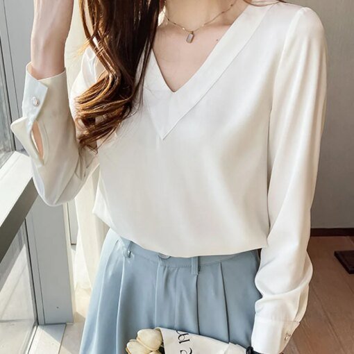 Buy 2022 Women's Blouse V-Neck White Long Sleeve Simple and Elegant Shirts Femme Clothing Green Spliced Chiffon Pullover Blusas 1634 online shopping cheap