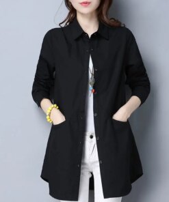 2022 Women’s Spring Autumn New Long Sleeve Cotton Shirts Female Solid Color Loose Shirts Ladies Mid-length Casual Blouses U287