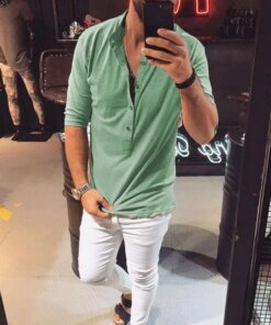2022 men’s fall button middle sleeve Lapel loose shirt men