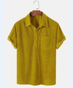 2022 new men’s casual loose corduroy short sleeve shirt solid color Lapel comfortable shirt