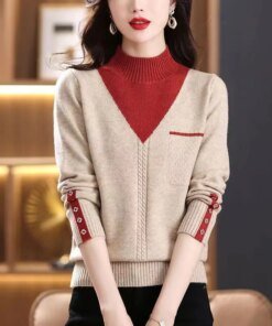 2023 Autumn And Winter New Women’s Semi-Turtleneck Long-Sleeved Knitwear Matching Color Fashion Casual Loose Pullover Sweater