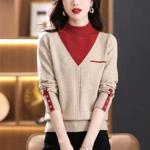 Buy 2023 Autumn And Winter New Women's Semi-Turtleneck Long-Sleeved Knitwear Matching Color Fashion Casual Loose Pullover Sweater online shopping cheap