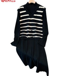 2023 Autumn Winter Knitted Warm Sweater Sets Women Striped Vest+Black Long Sleeve Elegant Sweater Dress Two Piece Dress Suits