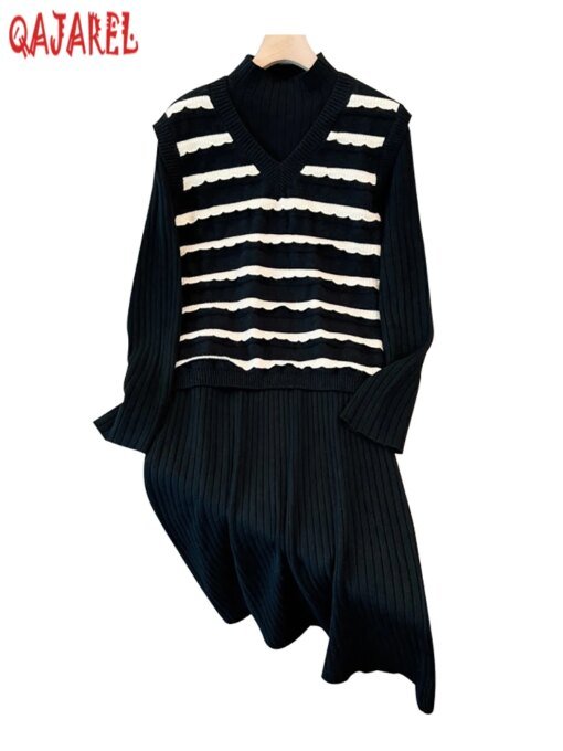 Buy 2023 Autumn Winter Knitted Warm Sweater Sets Women Striped Vest+Black Long Sleeve Elegant Sweater Dress Two Piece Dress Suits online shopping cheap
