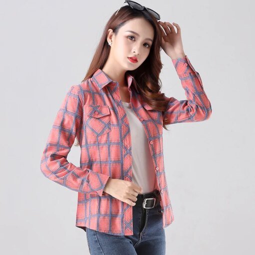 Buy 2023 Brand Fine 100% Cotton Flannel Plaid Shirts Women Long Sleeve Fresh Preppy Style Lady Tops And Blouse Casual Ladies Clothes online shopping cheap