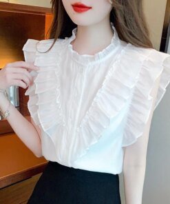 2023 Fashion Elegant White Sleeveless Tops Summer Woman Ruffles Neck Flying Sleeve Chiffon Blouses Korean Clothing 27482