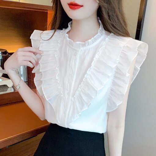 Buy 2023 Fashion Elegant White Sleeveless Tops Summer Woman Ruffles Neck Flying Sleeve Chiffon Blouses Korean Clothing 27482 online shopping cheap