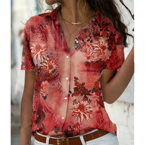 Buy 2023 Fashion Print Loose Women Shirt Summer Button Up Short Sleeve Casual Blouse 5XL Turn-down Collar Vintage Floral Tops 26261 online shopping cheap