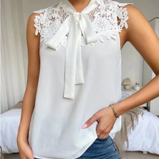 Buy 2023 Fashion White Scarf Collar Shirt Flower Lace Embroidery Sleeveless Chiffon Women's Blouse Lace Up Casual Elegant Top 25723 online shopping cheap