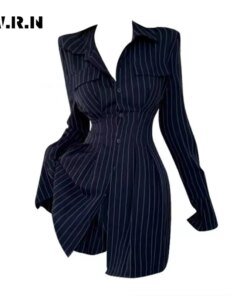 Buy 2023 Korean Style Blue Corset Shirt Dress Women Office Ladies Two Pieces High Waist Long Sleeve Mini Striped Blouse Dresses Y2K online shopping cheap