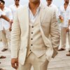 Buy 2023 Linen Summer Men Suits For Wedding Groom Tuxedos 3 Pieces Casual Beach Custom Sets Costume Homme Mariage(Jacket+Vest+Pants) online shopping cheap