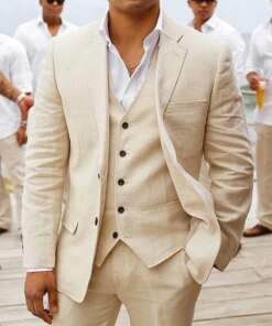 2023 Linen Summer Men Suits For Wedding Groom Tuxedos 3 Pieces Casual Beach Custom Sets Costume Homme Mariage(Jacket+Vest+Pants)