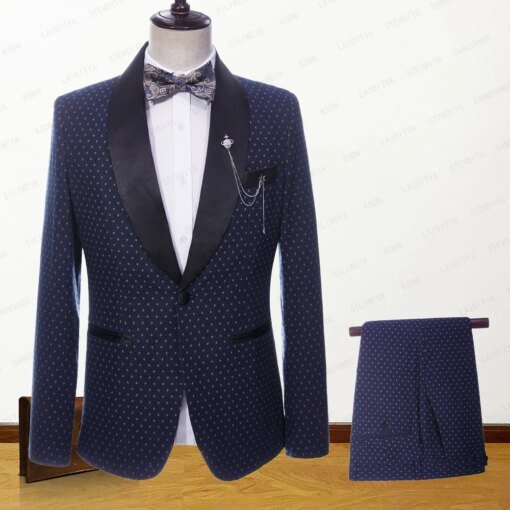 Buy 2023 Men Suits Blue Linen Fashion Boutique Khaki Dots Black Satin Lapel Casual Business Wedding Tuxedos 2 Pcs Set Jacket Pants online shopping cheap
