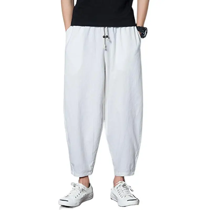 Buy 2023 Men harem Pants Cotton linen Joggers Plus size Trousers Men Baggy Loose Casual vintage black white khaki Pants M-7XL online shopping cheap