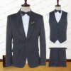 2023 New Costume Homme Blue And Black Mixed Letter Pattern Tweed Men’s Suit Groom Slim Fit Tuxedo 3 Pcs Set Jacket+Pants+Vest