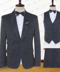 2023 New Costume Homme Blue And Black Mixed Letter Pattern Tweed Men’s Suit Groom Slim Fit Tuxedo 3 Pcs Set Jacket+Pants+Vest