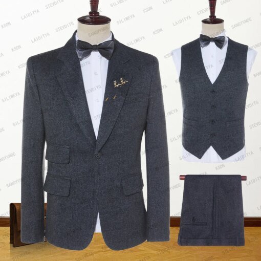 Buy 2023 New Costume Homme Blue And Black Mixed Letter Pattern Tweed Men's Suit Groom Slim Fit Tuxedo 3 Pcs Set Jacket+Pants+Vest online shopping cheap