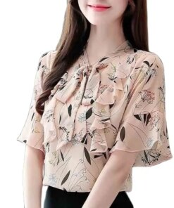 2023 New Fashion Women’s Floral Short Sleeve Ruffle Loose Slim Top Women’s Summer Chiffon Trumpet Sleeve Casual Bow Shirt Women