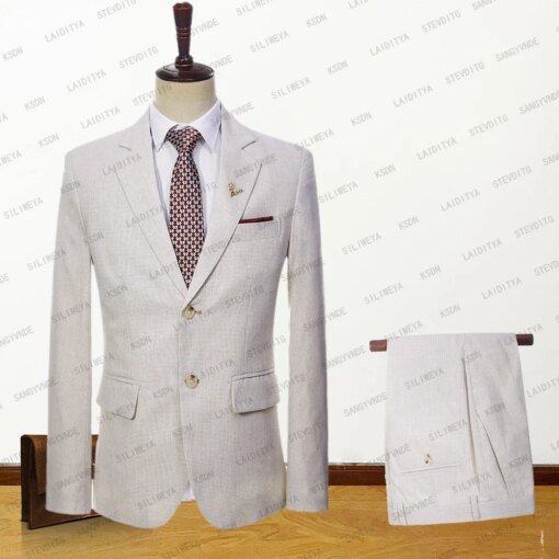 Buy 2023 New High End Men Suit 2 Pcs Jacket Pants Summer Business Official Khaki Purity Linen Slim Groom Wedding Dress online shopping cheap