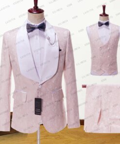 2023 New Men’s Casual Boutique Business Big White Collar Suit Male Jacquard Pink Pattern Blazers Jacket Pants Vest 3 Pcs Set