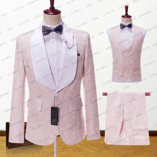 Buy 2023 New Men's Casual Boutique Business Big White Collar Suit Male Jacquard Pink Pattern Blazers Jacket Pants Vest 3 Pcs Set online shopping cheap