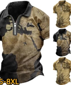 2023 New Men’s Map Graphic Prints Vintage Sailboat Turndown Outdoor Street Short Sleeves Fashion Casual Breathable Zipper Shirt