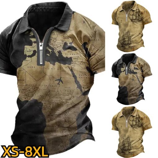 Buy 2023 New Men's Map Graphic Prints Vintage Sailboat Turndown Outdoor Street Short Sleeves Fashion Casual Breathable Zipper Shirt online shopping cheap