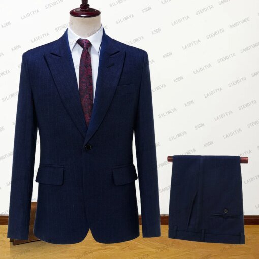 Buy 2023 New Men's Suit Dark Blue Denim Vertical Stripe 2 Piece Set Classic Business Gentleman Formal Groom Wedding Dress Plus Size online shopping cheap