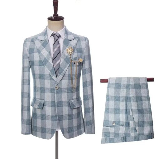 Buy 2023 New Men's Suits 2 Pcs Set Jacket Pants High Quality Business Linen Light Blue Stripe Plaid Wedding Groom Tuxedo online shopping cheap