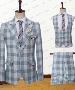 2023 New Men’s Suits 3 Pcs Set Jacket Vest Pants High Quality Business Linen Light Blue Stripe Plaid Wedding Groom Tuxedo