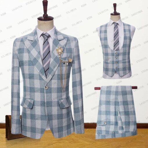 Buy 2023 New Men's Suits 3 Pcs Set Jacket Vest Pants High Quality Business Linen Light Blue Stripe Plaid Wedding Groom Tuxedo online shopping cheap