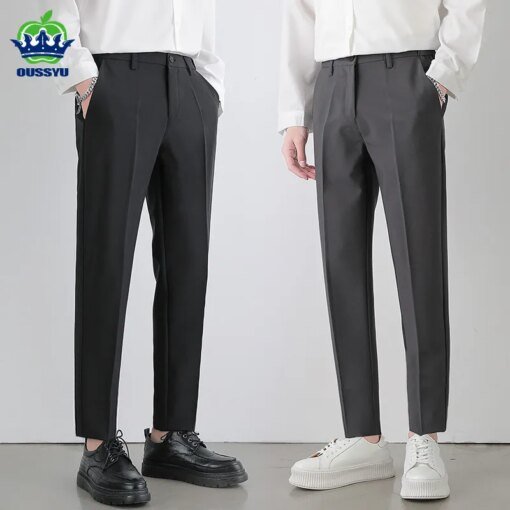 Buy 2023 New Men‘s Suit Pants Stretch Slim Business Office Non-iron Elastic Waist Classic Korean Grey Casual Trouser Plus Size 40 42 online shopping cheap