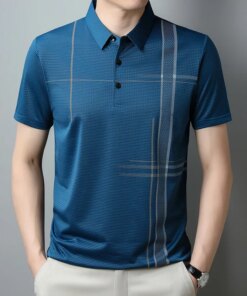 2023 New Mid-youth Short-sleeved Polo Shirt Men’s T-shirt Lapel Business Stripe Half-sleeved Top Loose Summer Men’s Wear