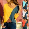 Buy 2023 New Skew Collar Color Block Women Blouse Autumn Long Sleeves Loose Casual Lady Office T Shirts Womens Fashion Clothing Tops online shopping cheap