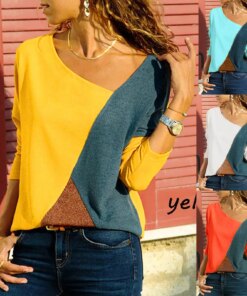 2023 New Skew Collar Color Block Women Blouse Autumn Long Sleeves Loose Casual Lady Office T Shirts Womens Fashion Clothing Tops