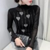 Buy 2023 New Summer European Clothes Mesh T-Shirt Chic Sexy Turtleneck Diamonds Love Women's Long Sleeve Tops Hand Made Tees 32449 online shopping cheap