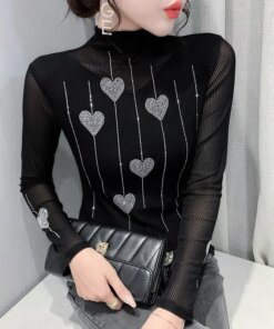 2023 New Summer European Clothes Mesh T-Shirt Chic Sexy Turtleneck Diamonds Love Women’s Long Sleeve Tops Hand Made Tees 32449